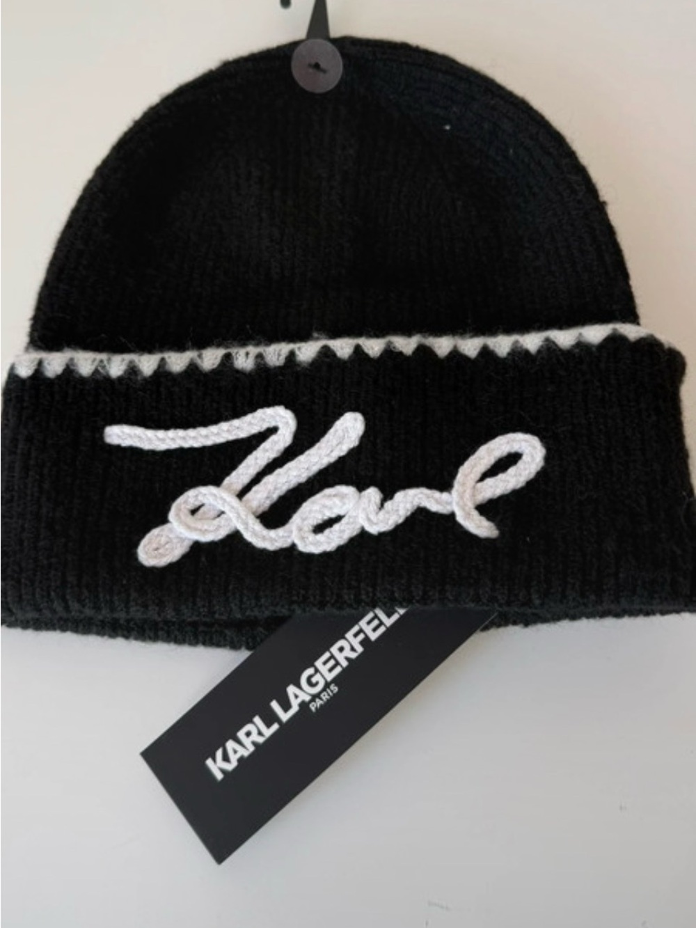 Karl Lagerfeld Kids Black and White Knit Beanie with Script Logo